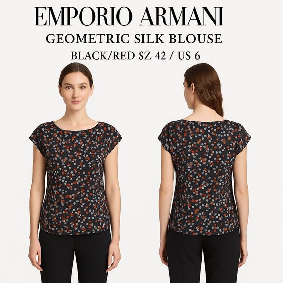 Emporio Armani Geometric Silk Blouse Black/Red Sz 42 / US 6 - Picture 1 of 12